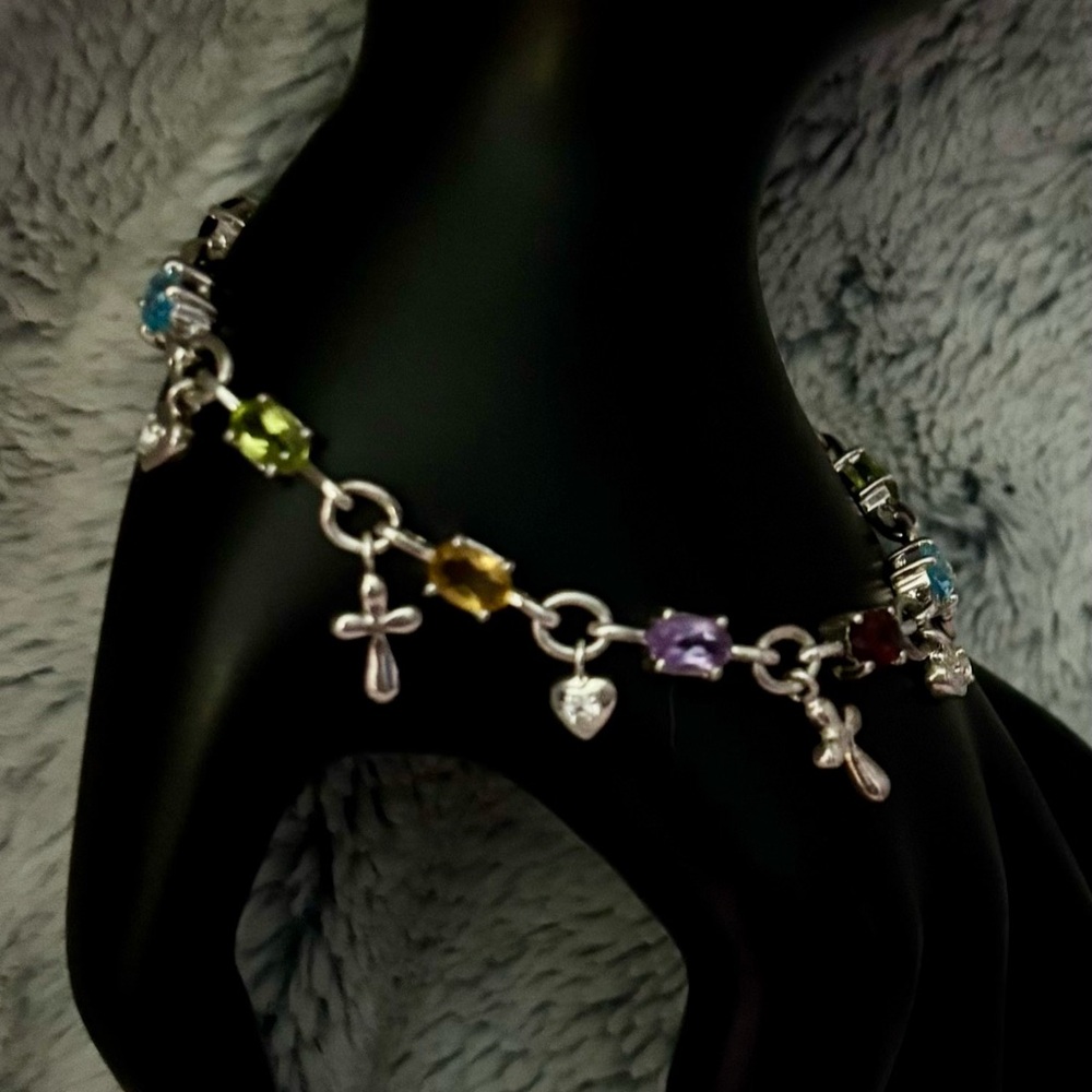Multi Gemstone Sterling Silver Cross Charm Bracelet